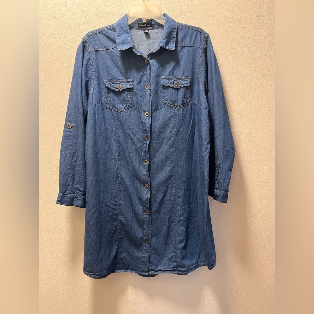 Love by Chelsey Relaxed Casual Button Down Long Sleeve Shirt/Dress, Sz 1X, Blue